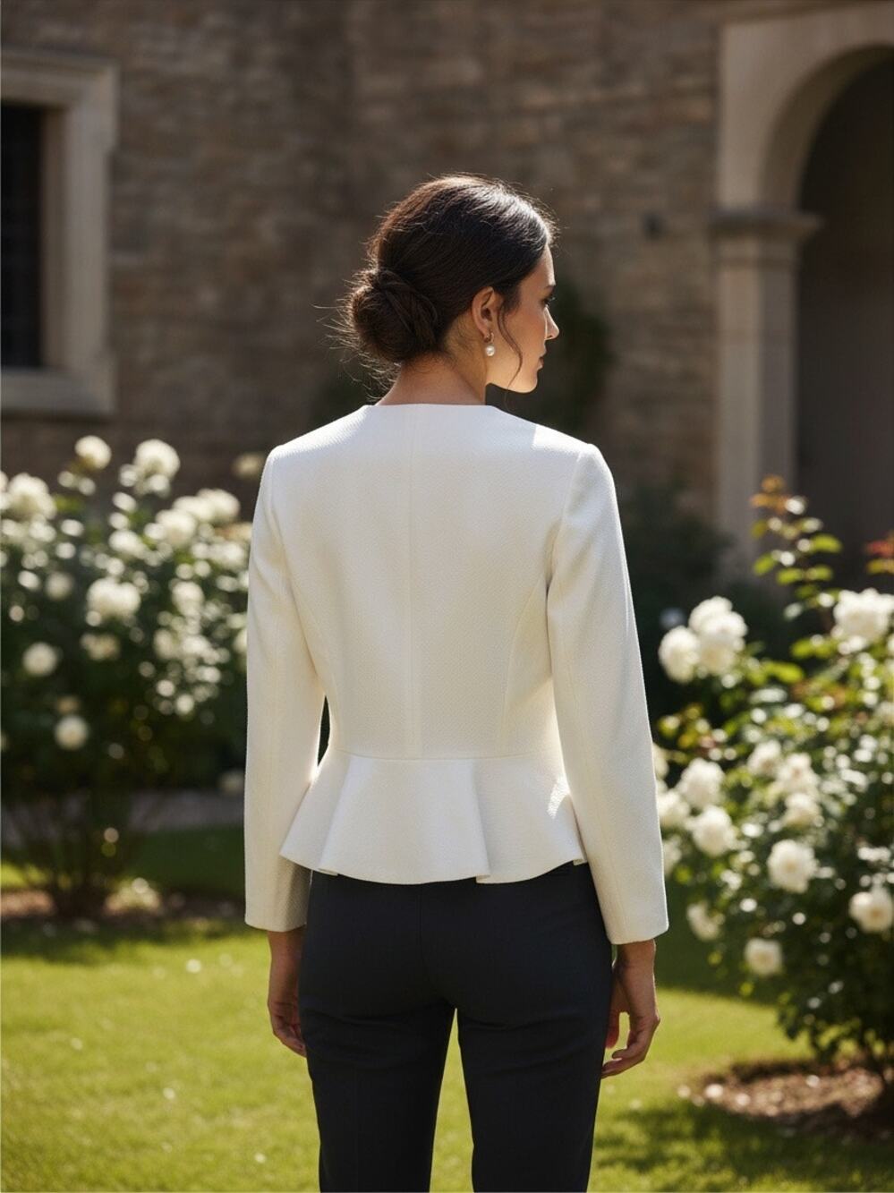 Boden Polperro Ivory Texture Peplum Blazer Jacket Cotton Blend Sz 12 Career Wear